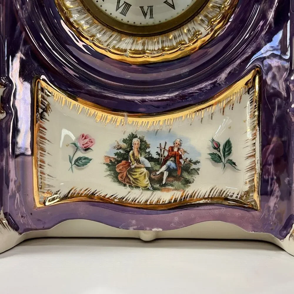 Vintage Sessions Electric Porcelain Mantle Clock Purple Gold Trim 11